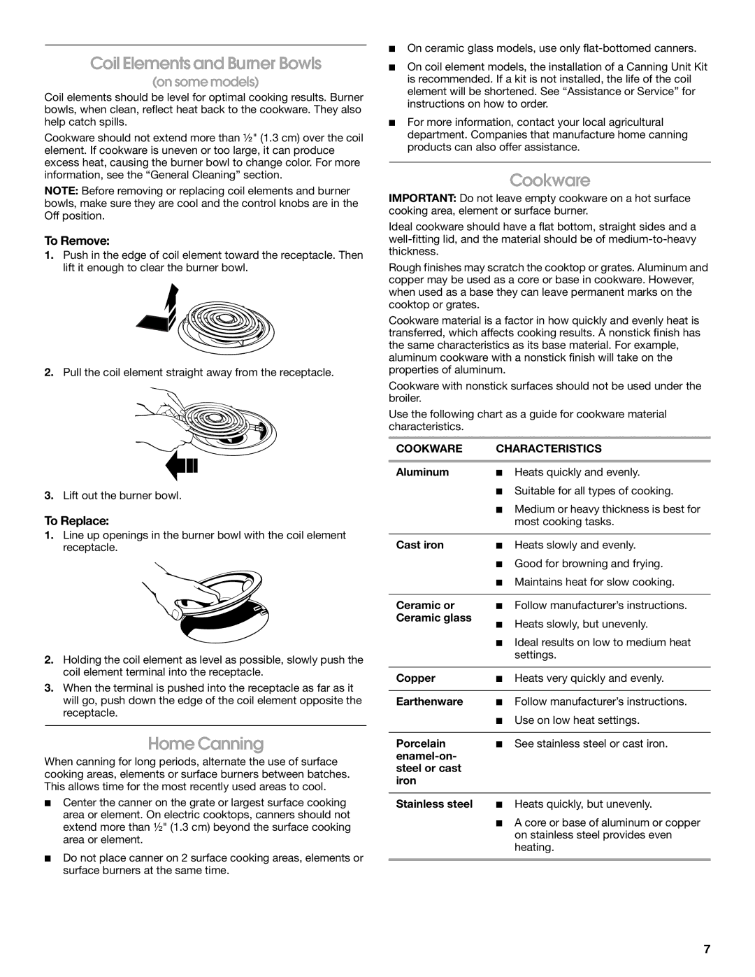 Whirlpool FEP310KV4 manual Coil Elements and Burner Bowls, Home Canning, Cookware, To Remove, To Replace 