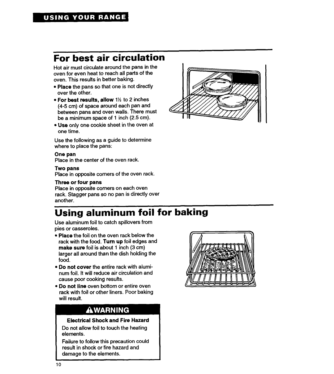 Whirlpool FEP310Y important safety instructions For best air circulation, Using aluminum foil for baking 