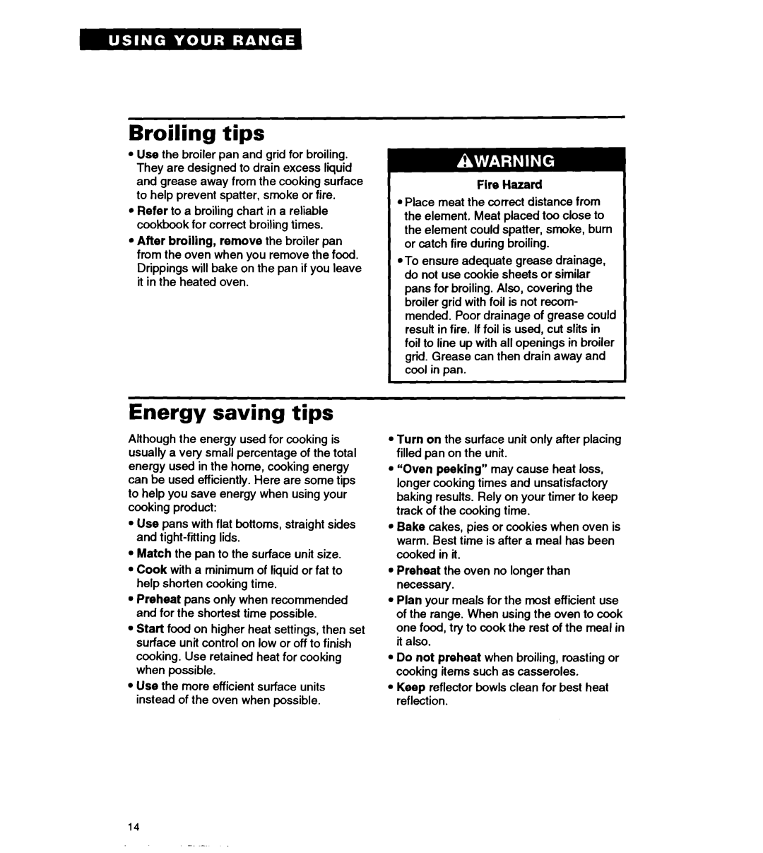 Whirlpool FEP310Y important safety instructions Broiling tips, Energy saving tips, Fire Hazard 