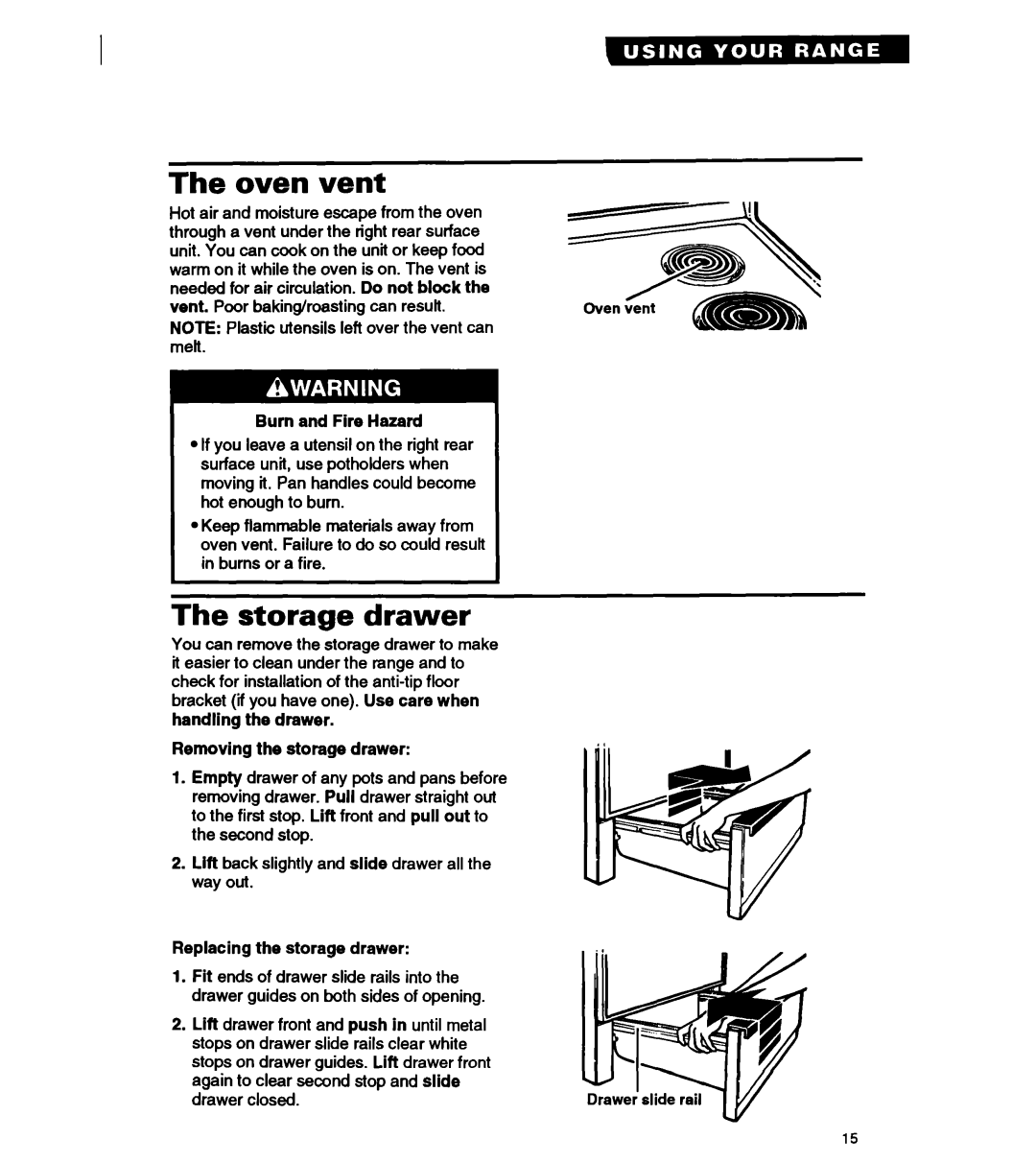 Whirlpool FEP310Y Oven vent, Storage drawer, Removing the storage drawer, Replacing the storage drawer 