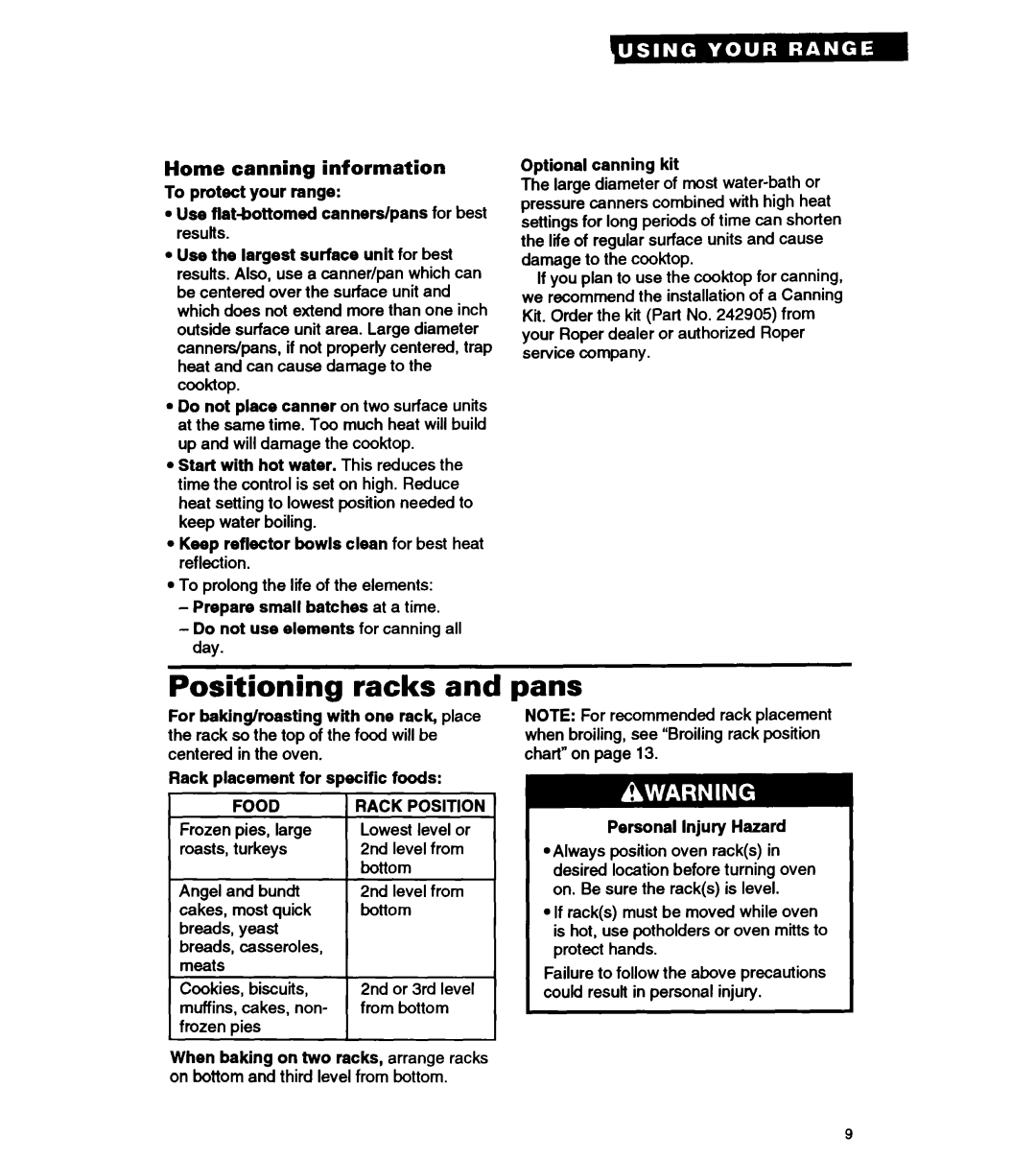 Whirlpool FEP310Y important safety instructions Positioning racks, Pans, Home canning information 