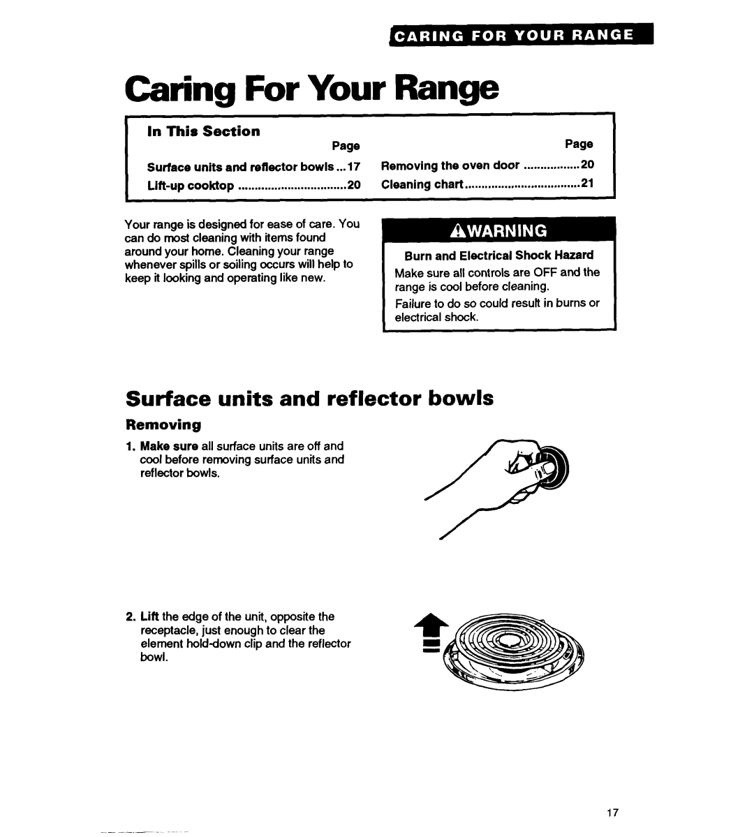 Whirlpool FEP310Y Caring For Your Range, Surface units and reflector bowls, In This Section, Removing, Page 