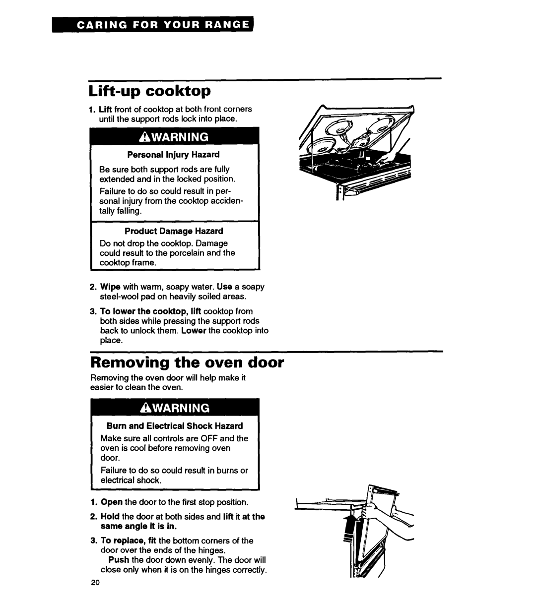 Whirlpool FEP310Y Lift-upcooktop, Removing the oven door, Personal Injury Hazard, Product Damage Hazard 