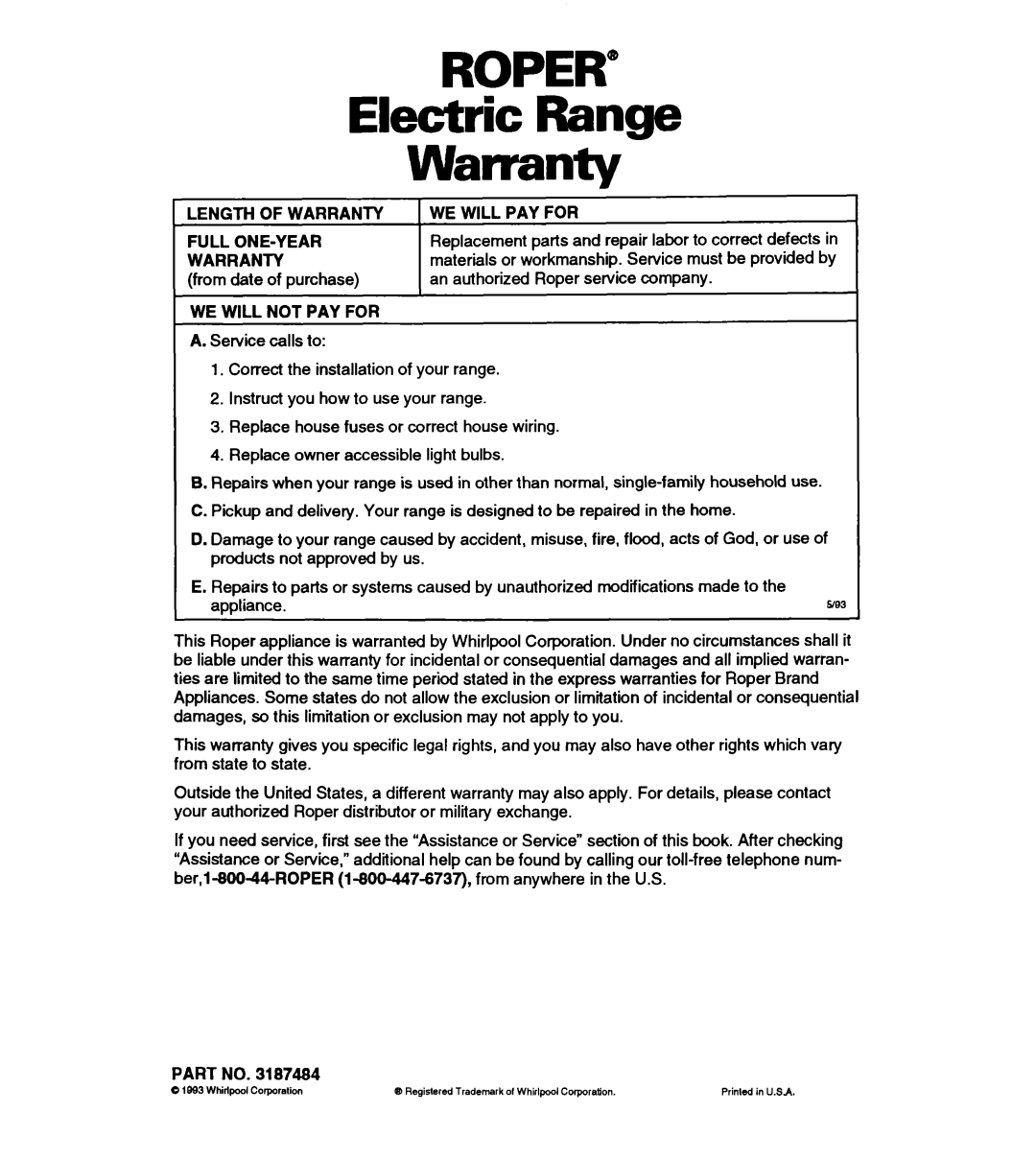 Whirlpool FEP310Y important safety instructions ROPER” Electric Range, Warranty 