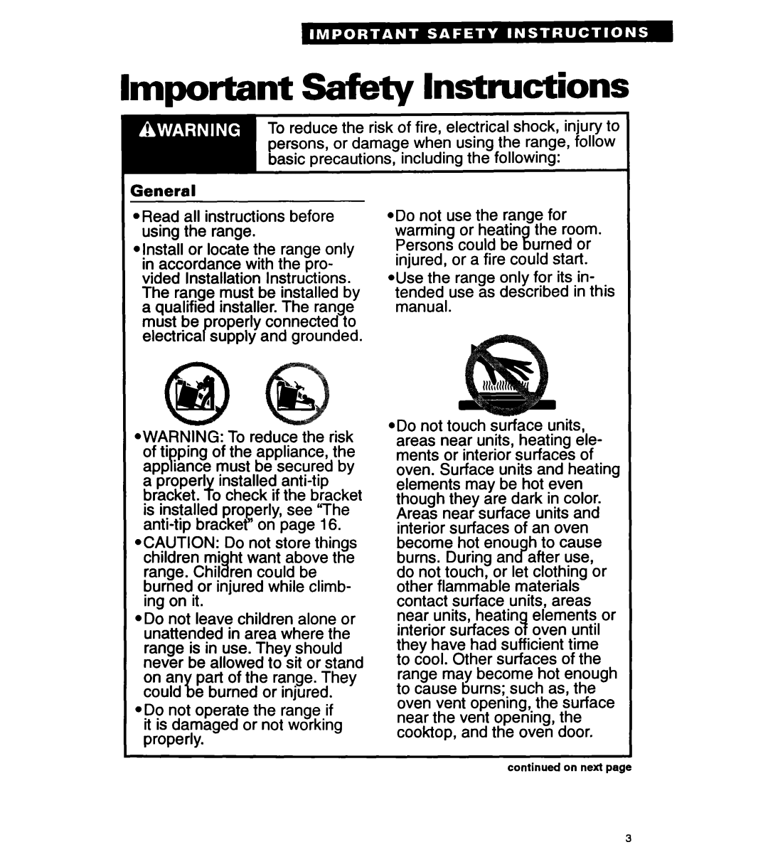 Whirlpool FEP310Y important safety instructions Important safety Instructions 
