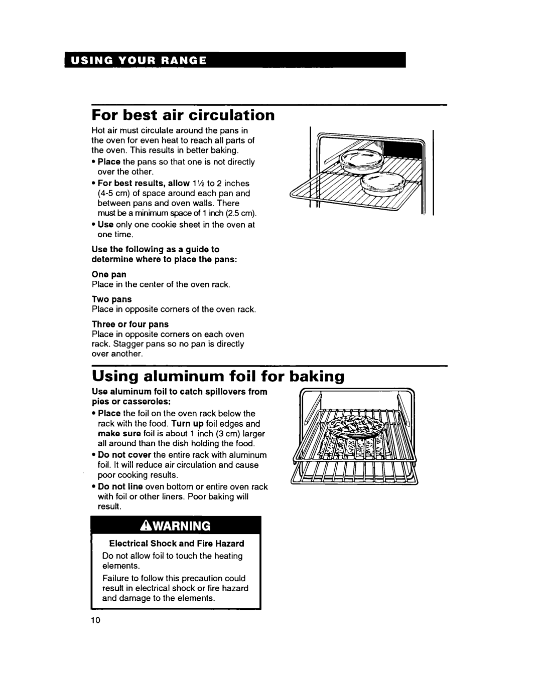 Whirlpool FEP314B important safety instructions For best air circulation, Using aluminum foil for baking 