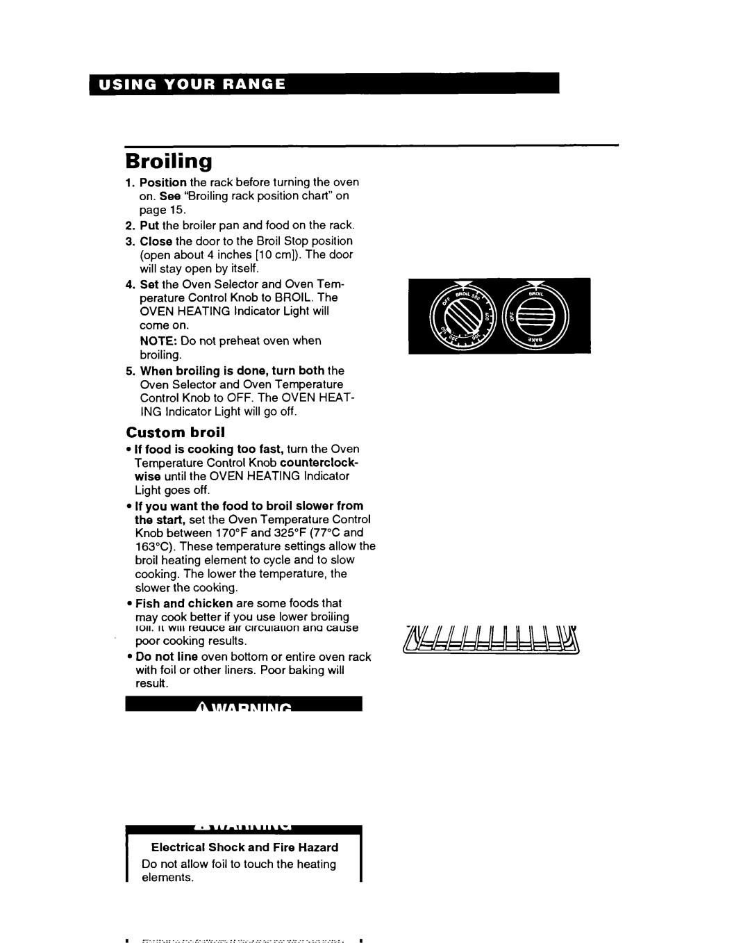 Whirlpool FEP314B important safety instructions Broiling, Custom broil 