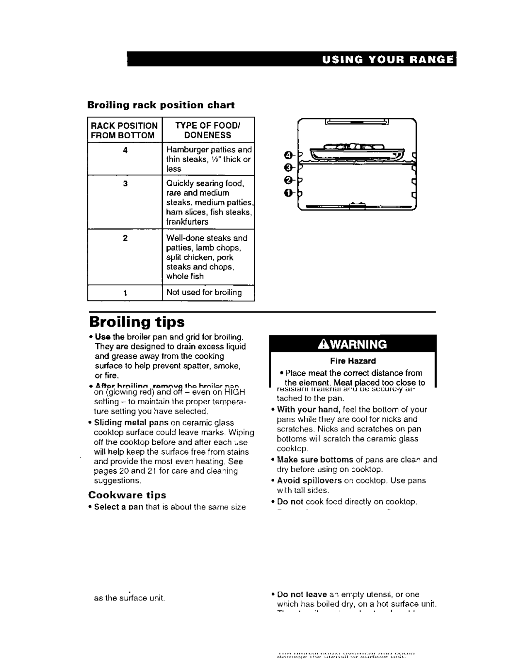 Whirlpool FEP314B important safety instructions Broiling tips, Broiling rack, Bosition chart, Type of Food Doneness 