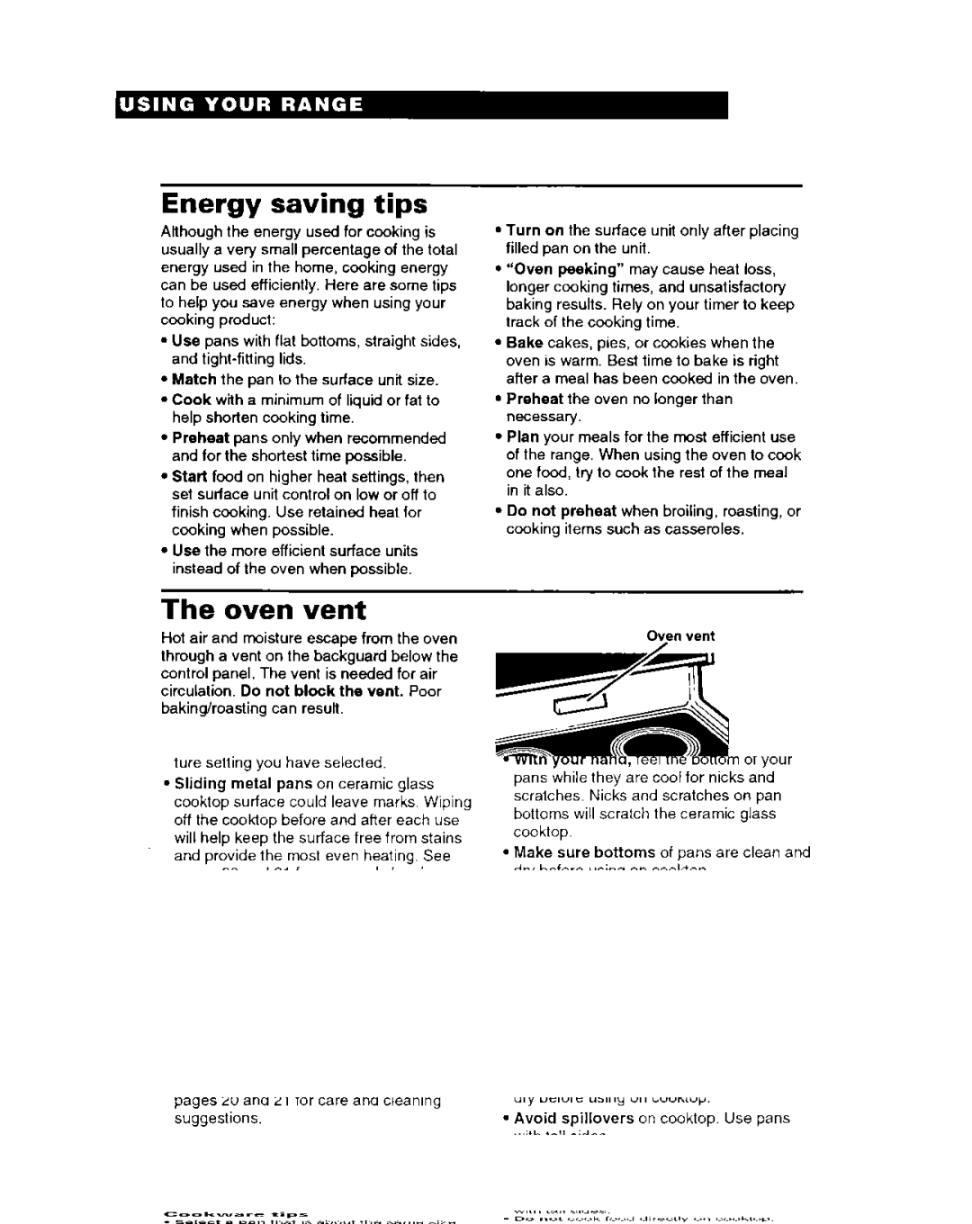 Whirlpool FEP314B important safety instructions Energy saving tips, Oven vent 