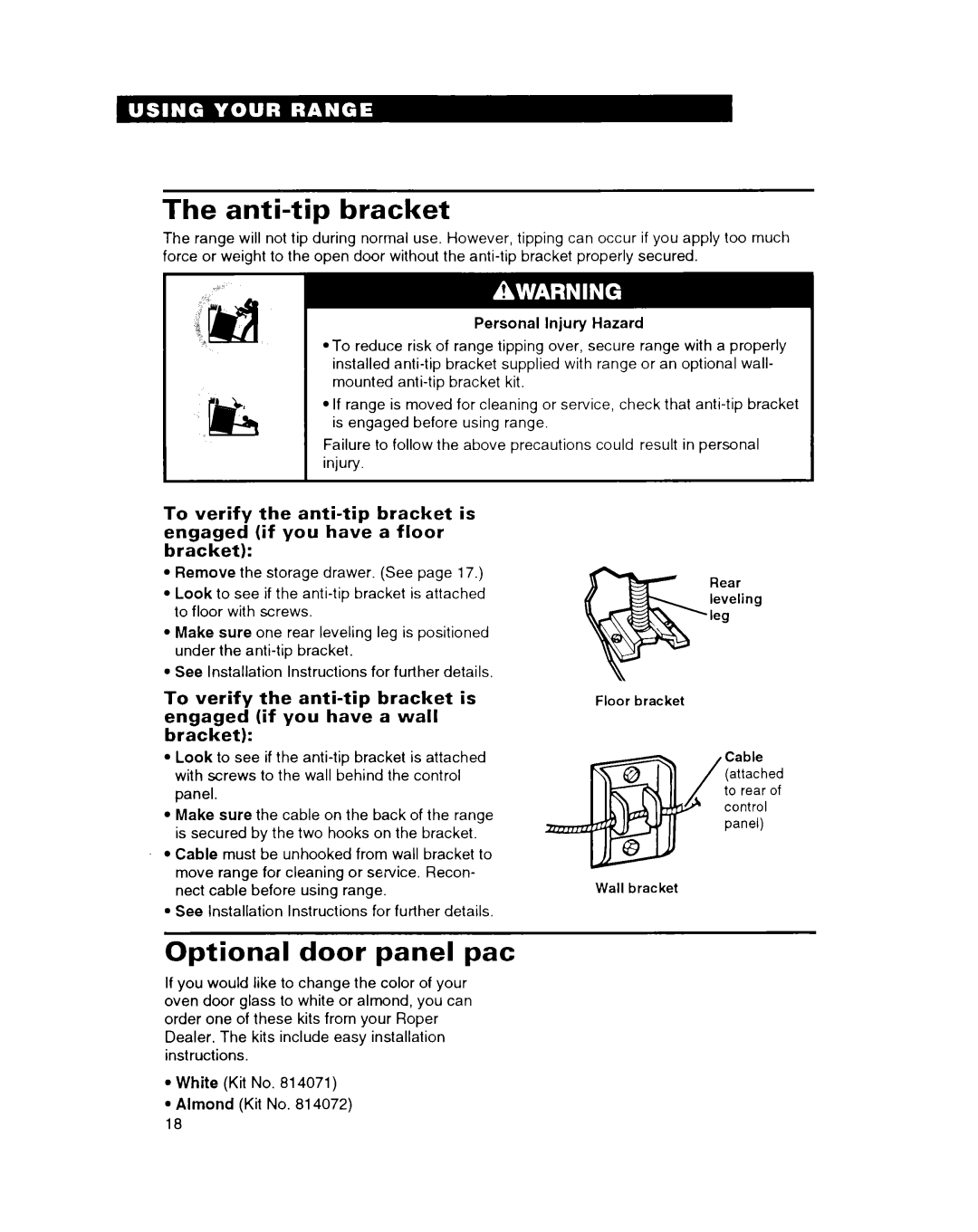 Whirlpool FEP314B important safety instructions Anti-tip bracket, Optional door panel pat 