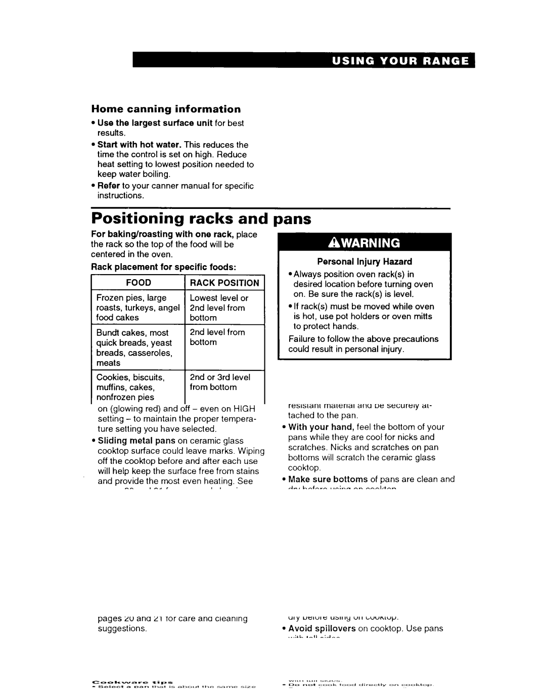 Whirlpool FEP314B important safety instructions Positioning racks, Pans, Home canning information 