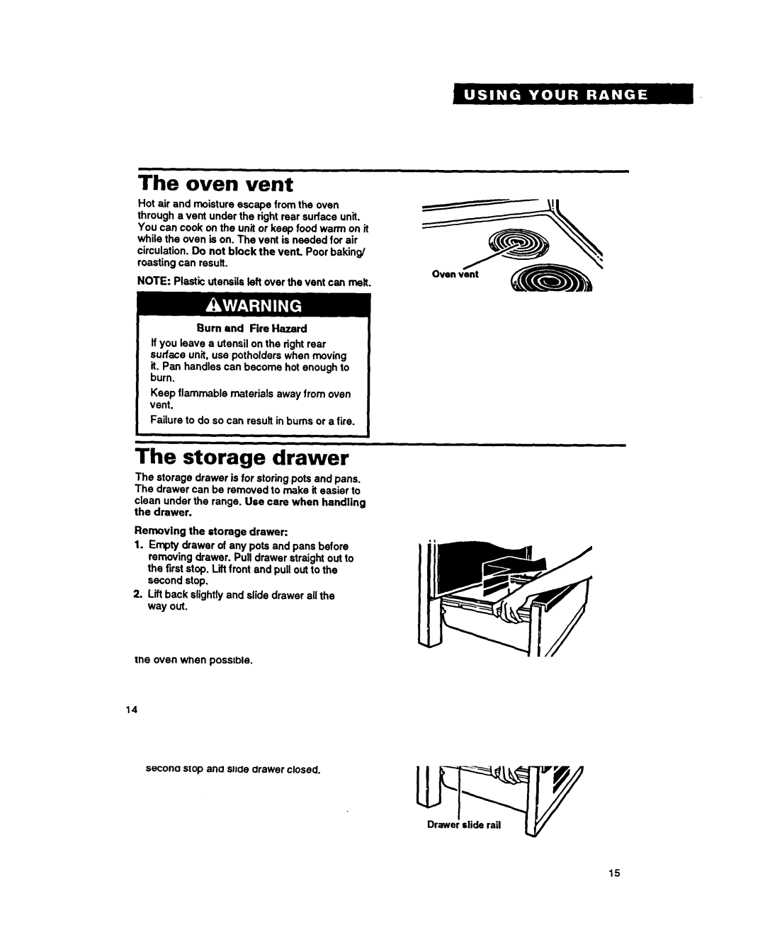 Whirlpool FEP320Y warranty Oven vent, Storage drawer 