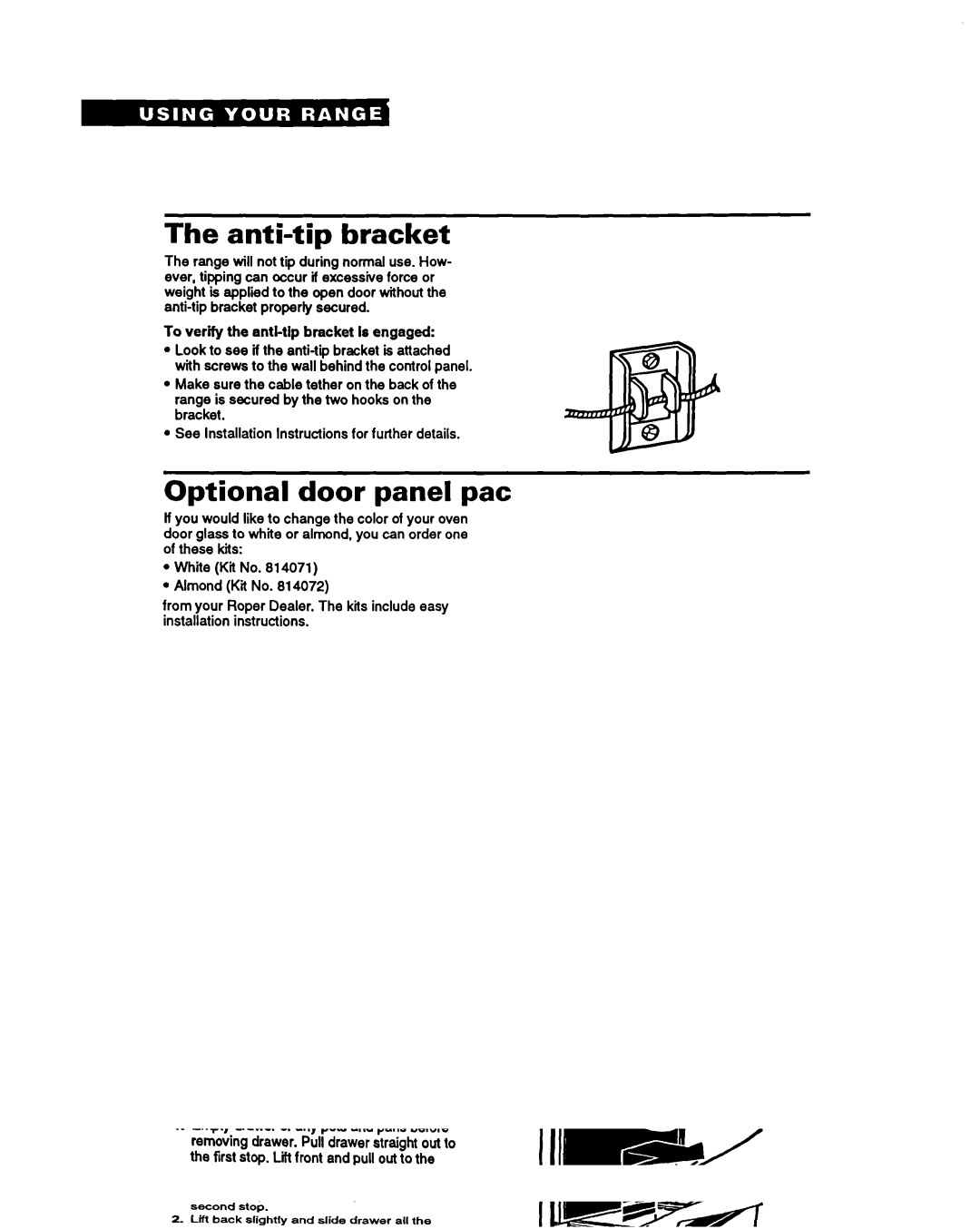 Whirlpool FEP320Y warranty Anti-tip bracket, Optional door panel pat 