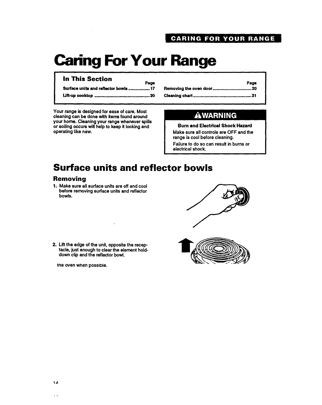 Whirlpool FEP320Y warranty Caring For Your Range, Surface units and reflector bowls, This Section Paga, Removing 