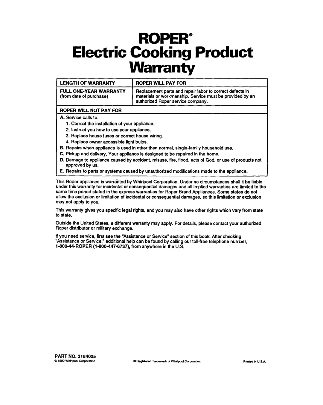 Whirlpool FEP320Y warranty Electric Cooking Product Warranty, Length of Warranty, Roper will PAY for 