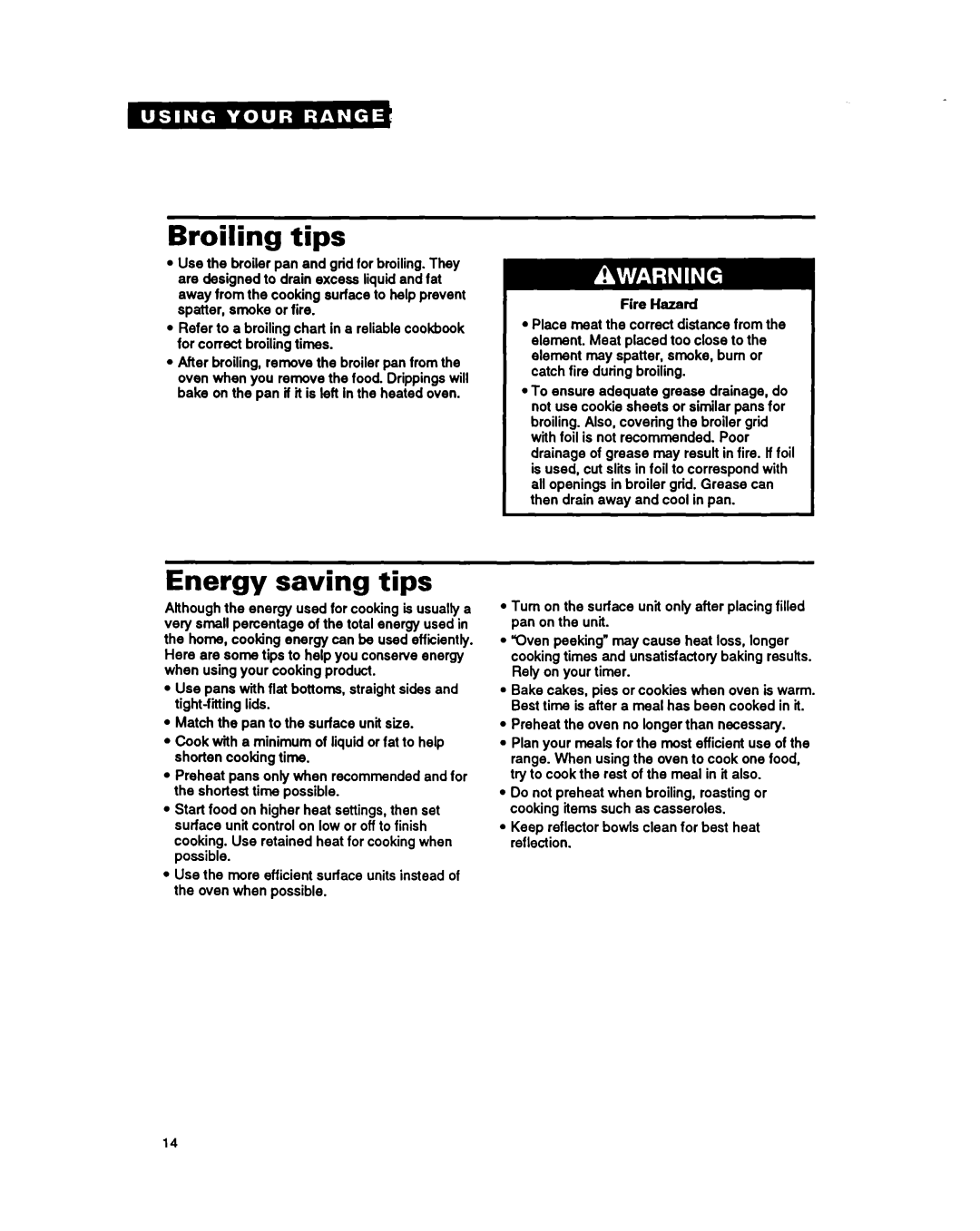 Whirlpool FEP320Y warranty Broiling tips, Energy saving tips 