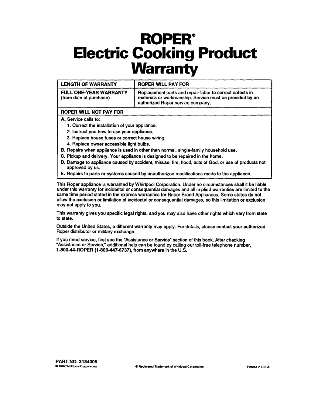 Whirlpool FEP320Y warranty ROPER’= Electric Cooking Product Warranty 