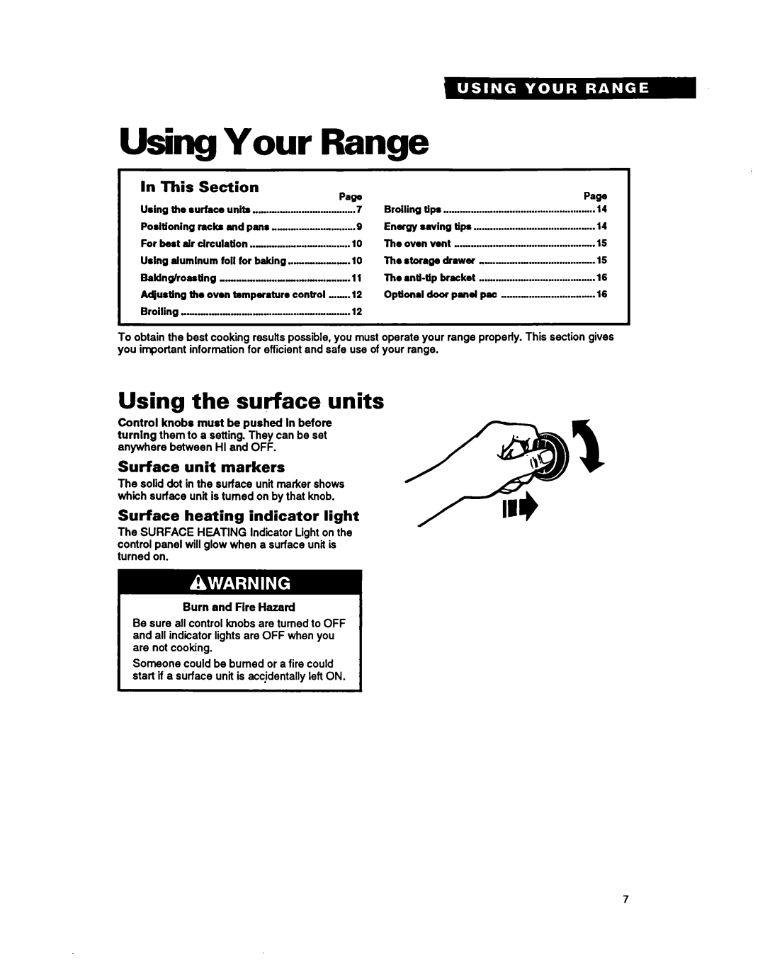 Whirlpool FEP320Y warranty Using the surface units, Range, 1Using Your, This, Section, Surface unit markers 