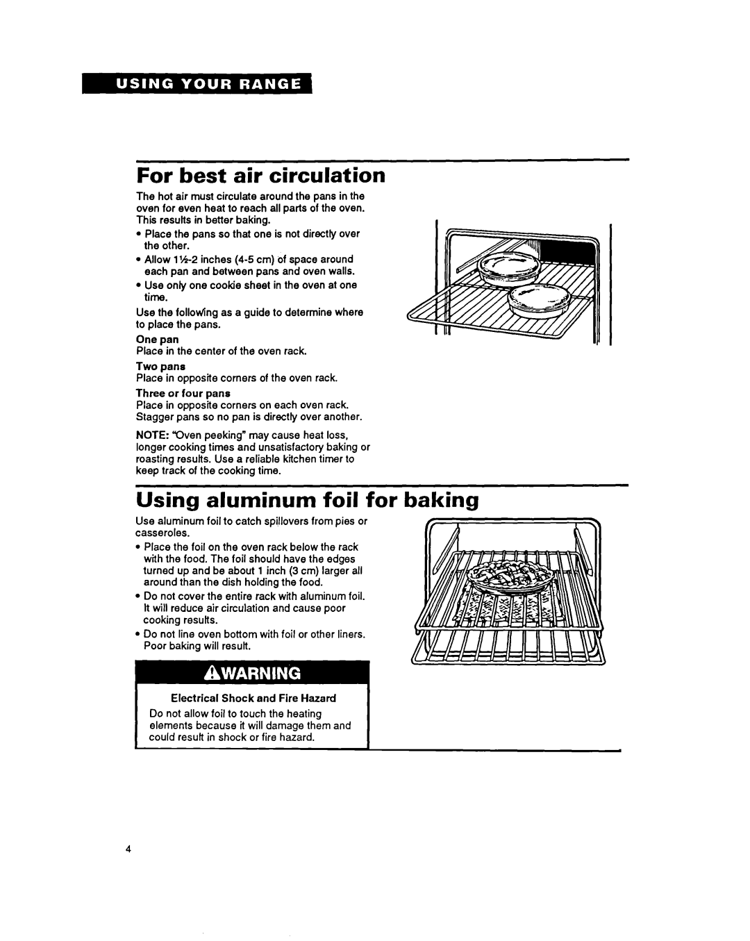 Whirlpool FEP330Y important safety instructions For best air circulation, Using aluminum foil for baking 