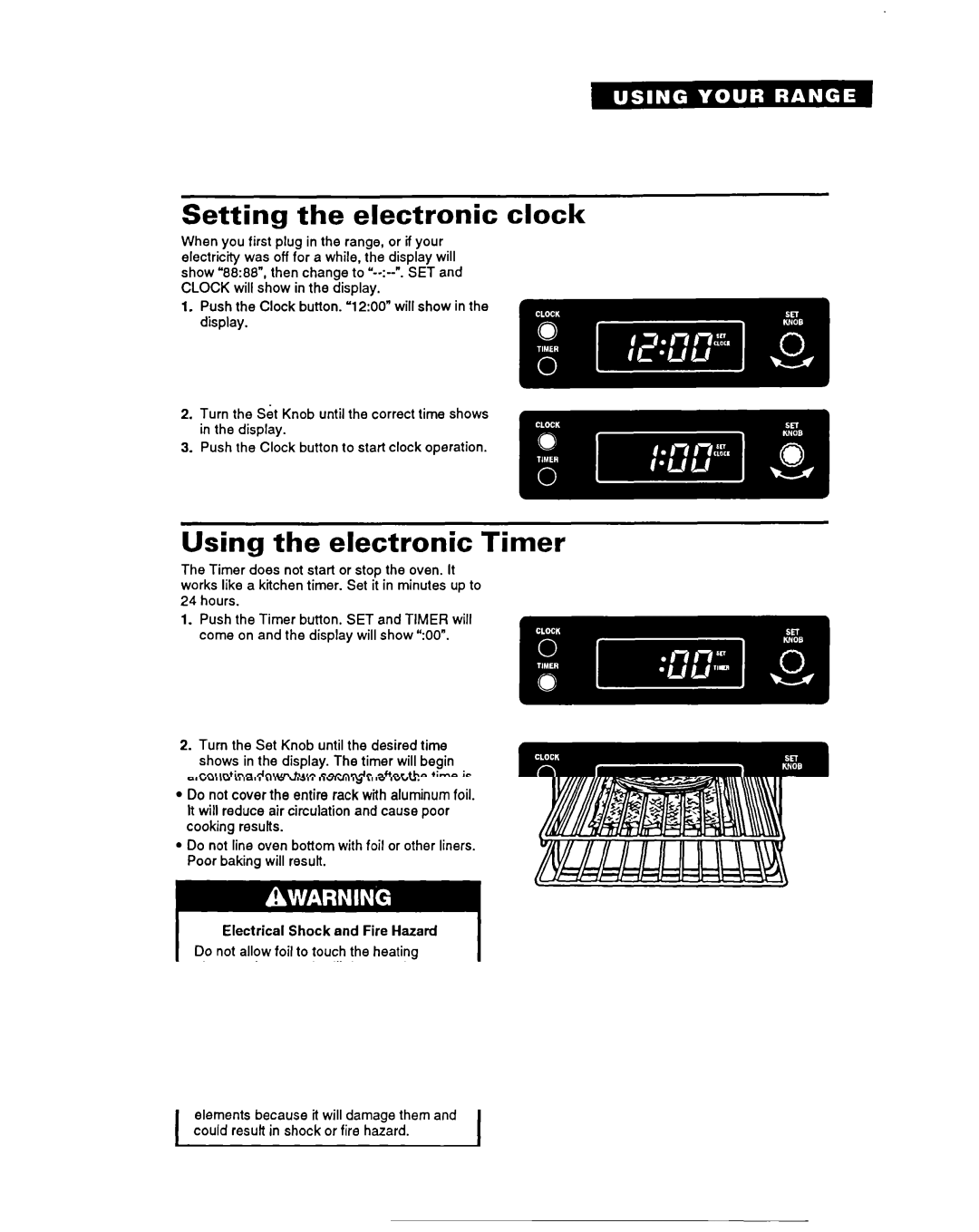 Whirlpool FEP330Y important safety instructions Setting the electronic clock, Using the electronic Timer 