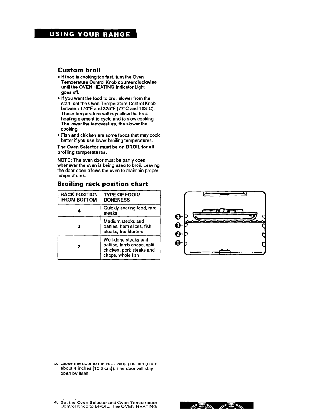 Whirlpool FEP330Y Custom broil, Broiling rack position chart, Rack POSlTlON Type of Food, From Bottom Doneness 