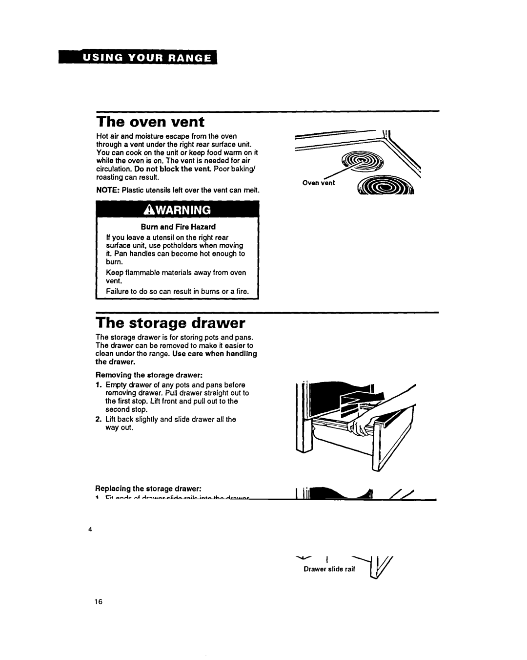 Whirlpool FEP330Y important safety instructions Oven vent, Storage drawer 