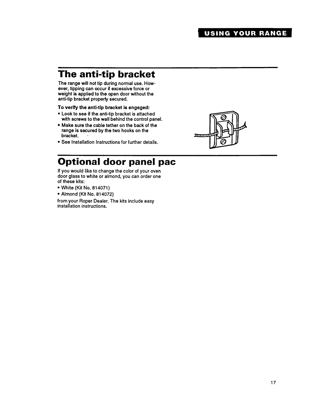 Whirlpool FEP330Y important safety instructions Anti-tip bracket, Optional door panel pat 