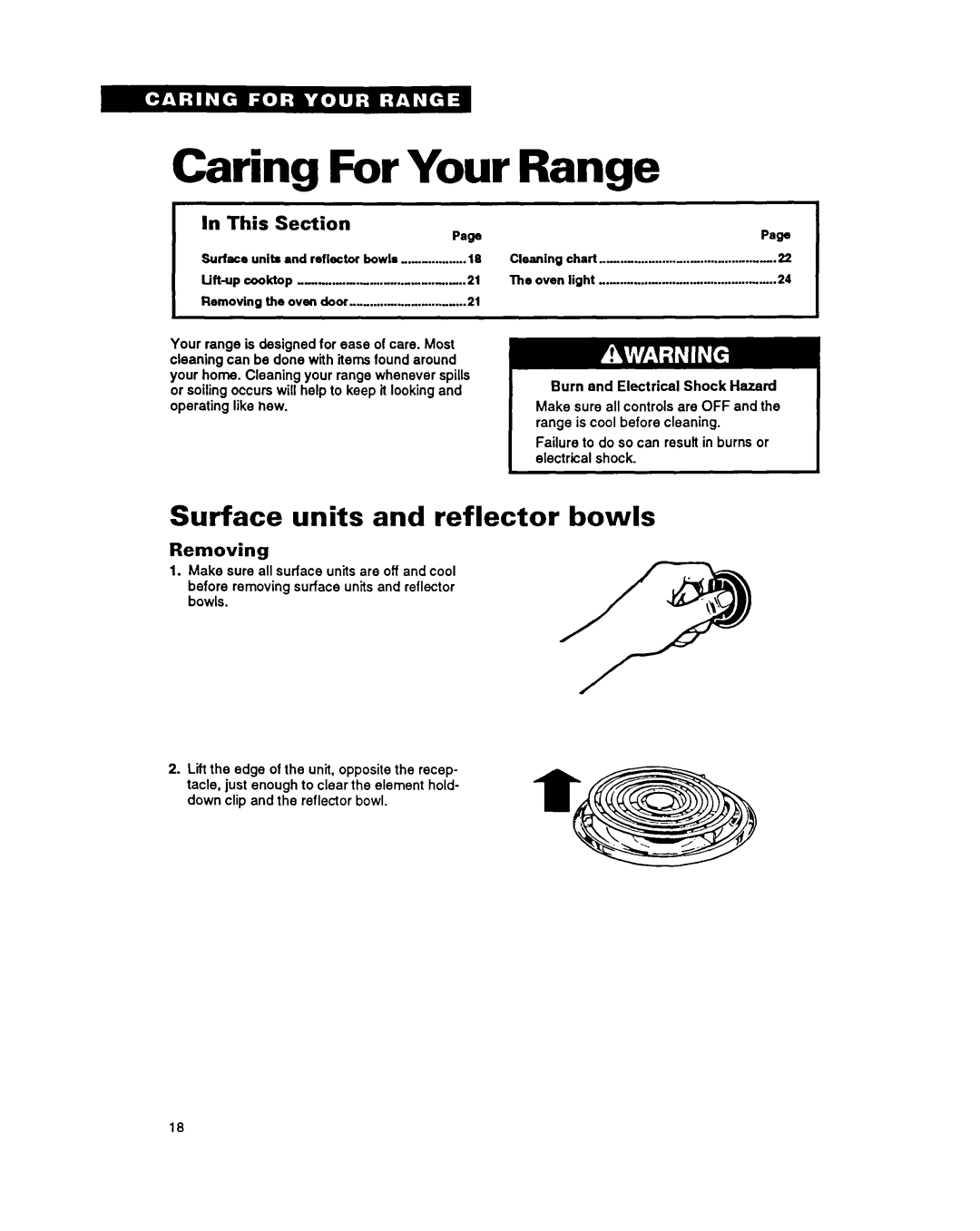 Whirlpool FEP330Y Caring For Your, Range, Surface units and reflector bowls, Removing, Operating like new 