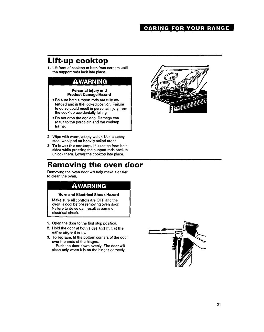 Whirlpool FEP330Y Lift-up cooktop, Removing the oven door, Cooktop accidentally falling, Frame 