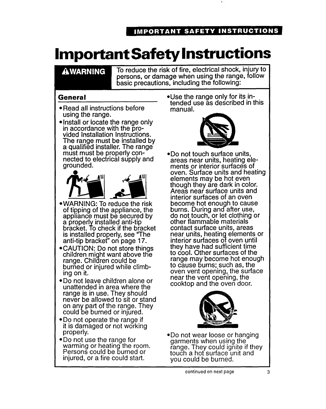 Whirlpool FEP330Y important safety instructions Important Safety Instructions, On next 