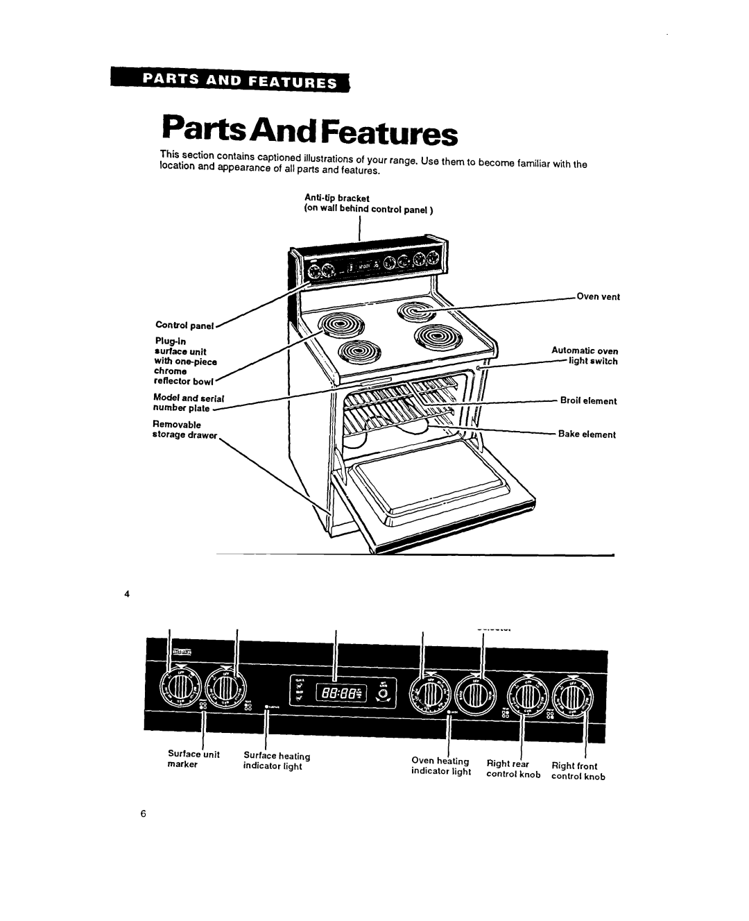 Whirlpool FEP330Y important safety instructions PartsAnd Features, Control panel, Oven venl 