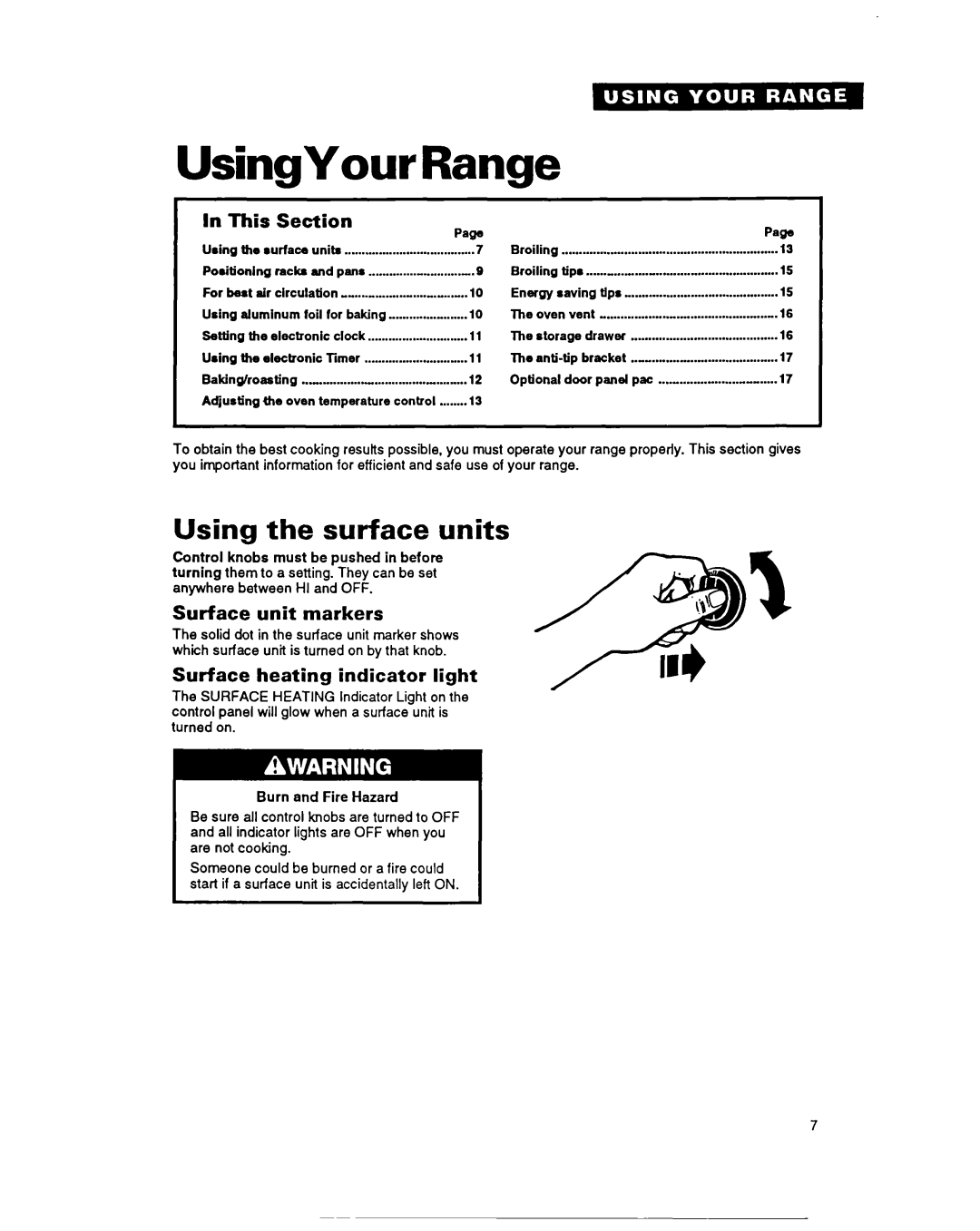 Whirlpool FEP330Y UsingYour Range, Using the surface units, This Section, Surface unit markers 