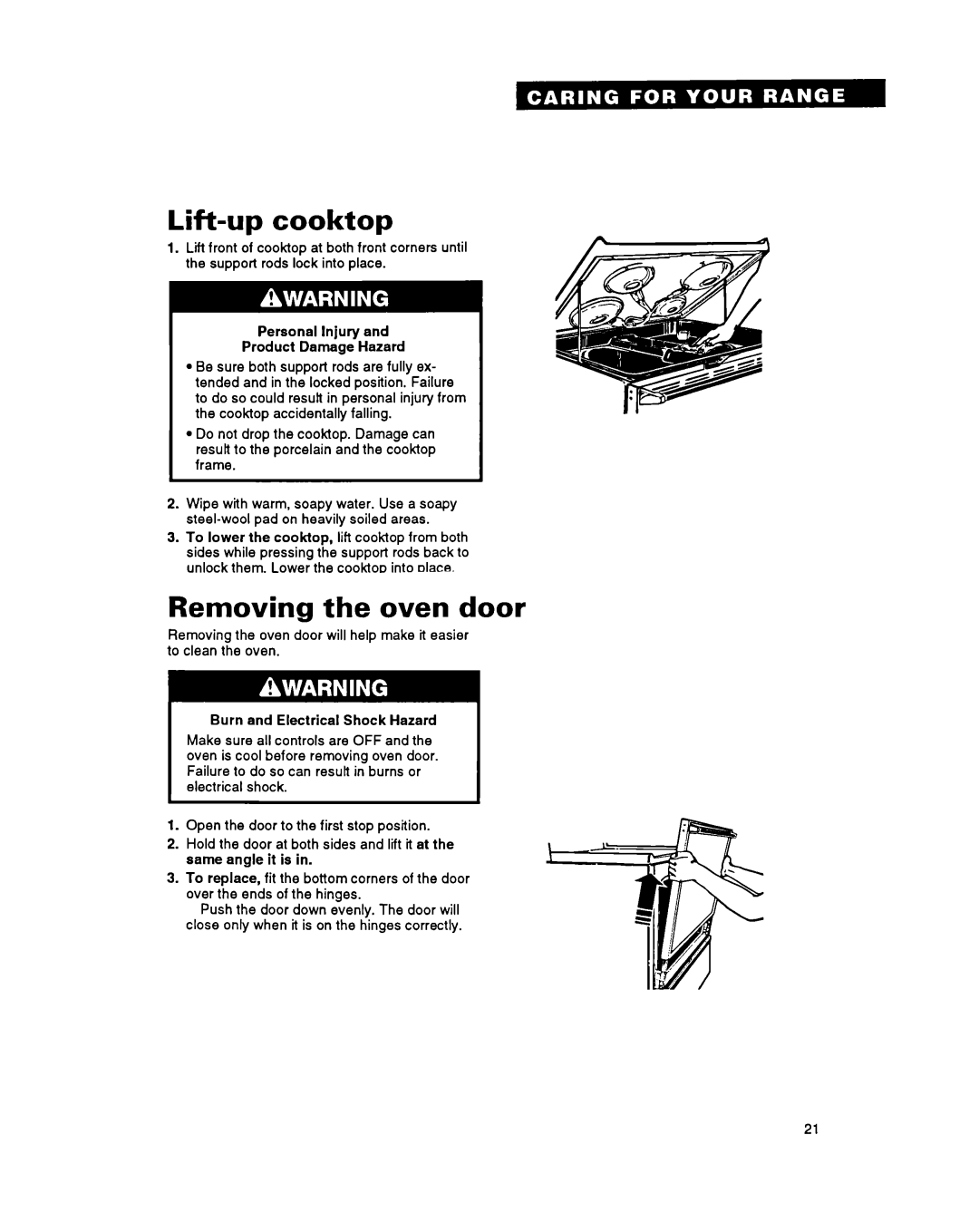 Whirlpool FEP340Y important safety instructions Lift-up cooktop, Removing the oven door 