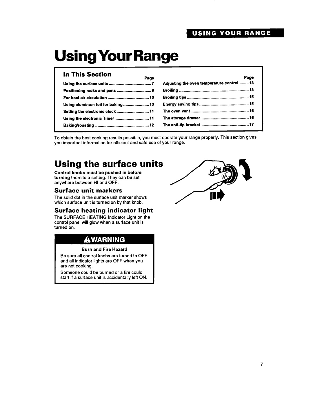 Whirlpool FEP340Y Using Your Range, Using the surface units, This Section, Surface unit markers 