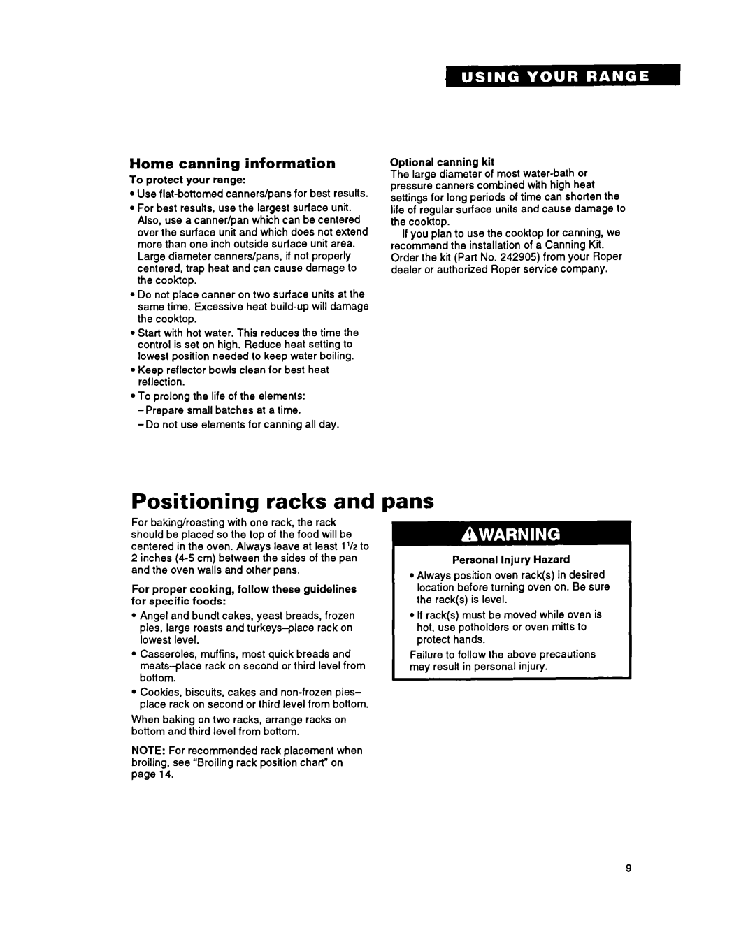 Whirlpool FEP340Y important safety instructions Positioning racks, Pans, Home canning information 