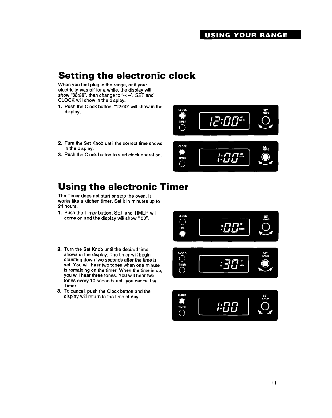 Whirlpool FEP340Y important safety instructions Setting the electronic clock, Using the electronic Timer 