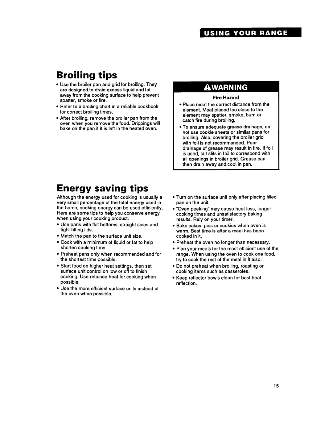 Whirlpool FEP340Y important safety instructions Broiling tips, Energy saving tips 