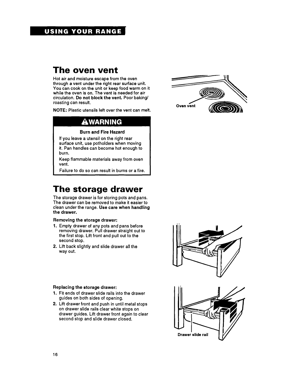 Whirlpool FEP340Y important safety instructions =Y$, The oven vent, The storage drawer 