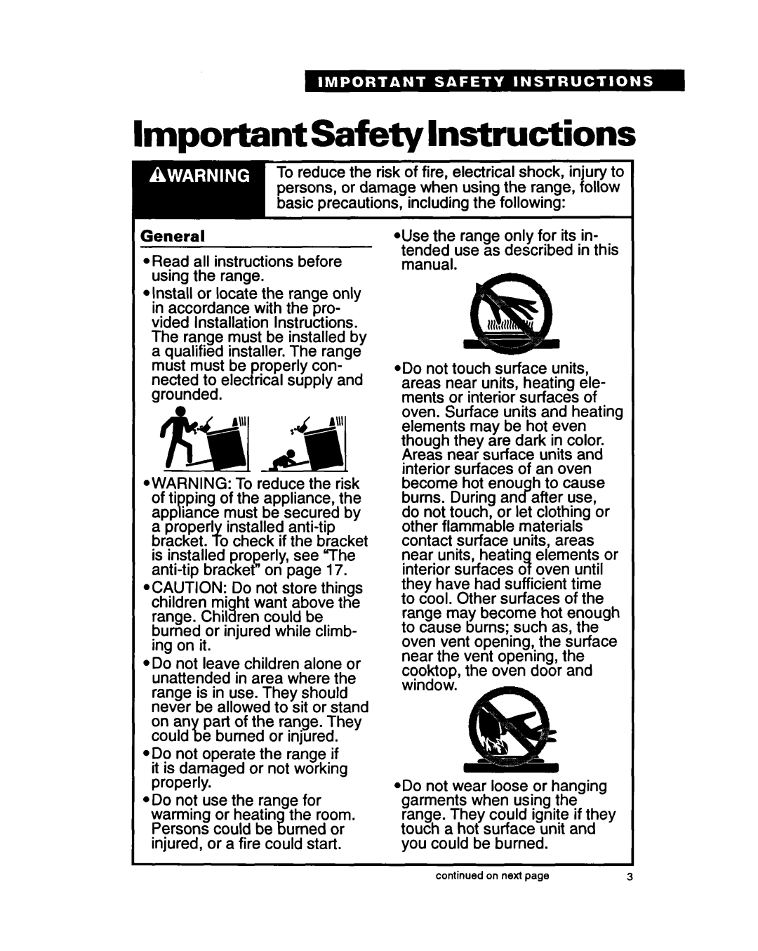 Whirlpool FEP340Y important safety instructions ImportantSafetylnstructions 