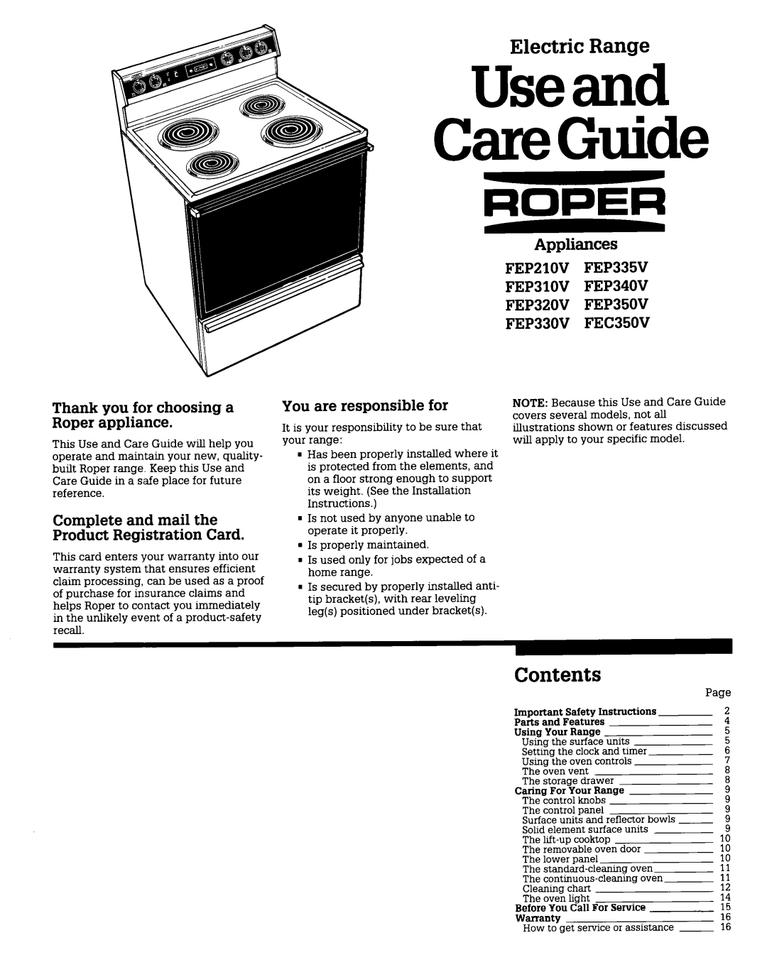Whirlpool FEP310V, FEP350V, FEPZlOV, FEP340V, FEC350V, FEP330V, FEP320V, FEP335V warranty Electric Range, Contents 