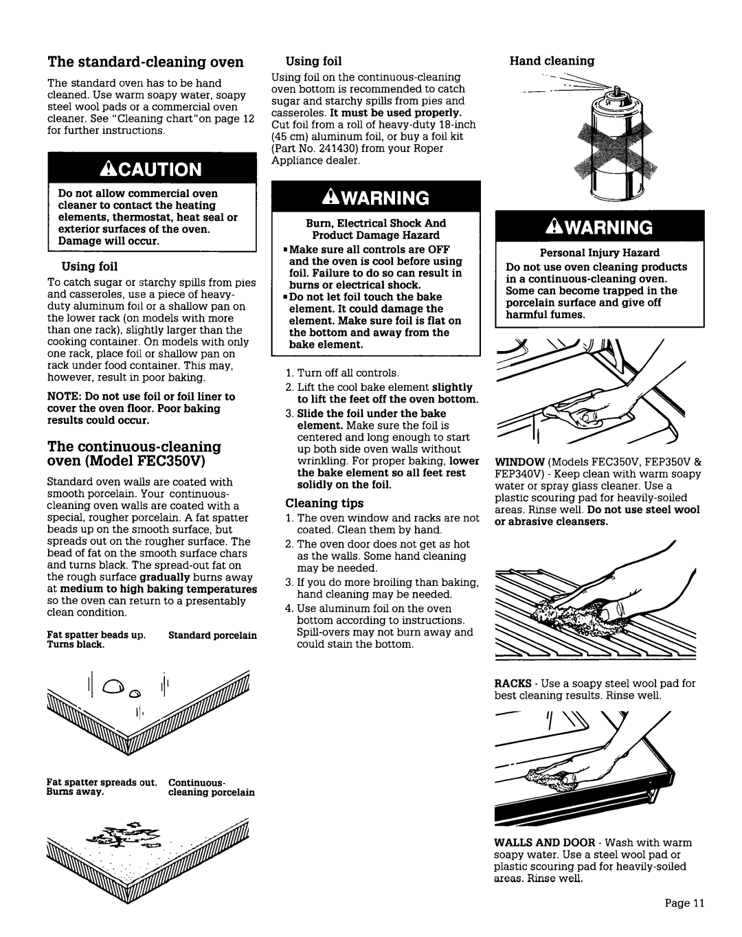 Whirlpool FEP340V, FEP350V, FEP310V, FEPZlOV Standard-cleaning oven, Continuous-cleaning oven Model FEC350V, Hand cleaning 