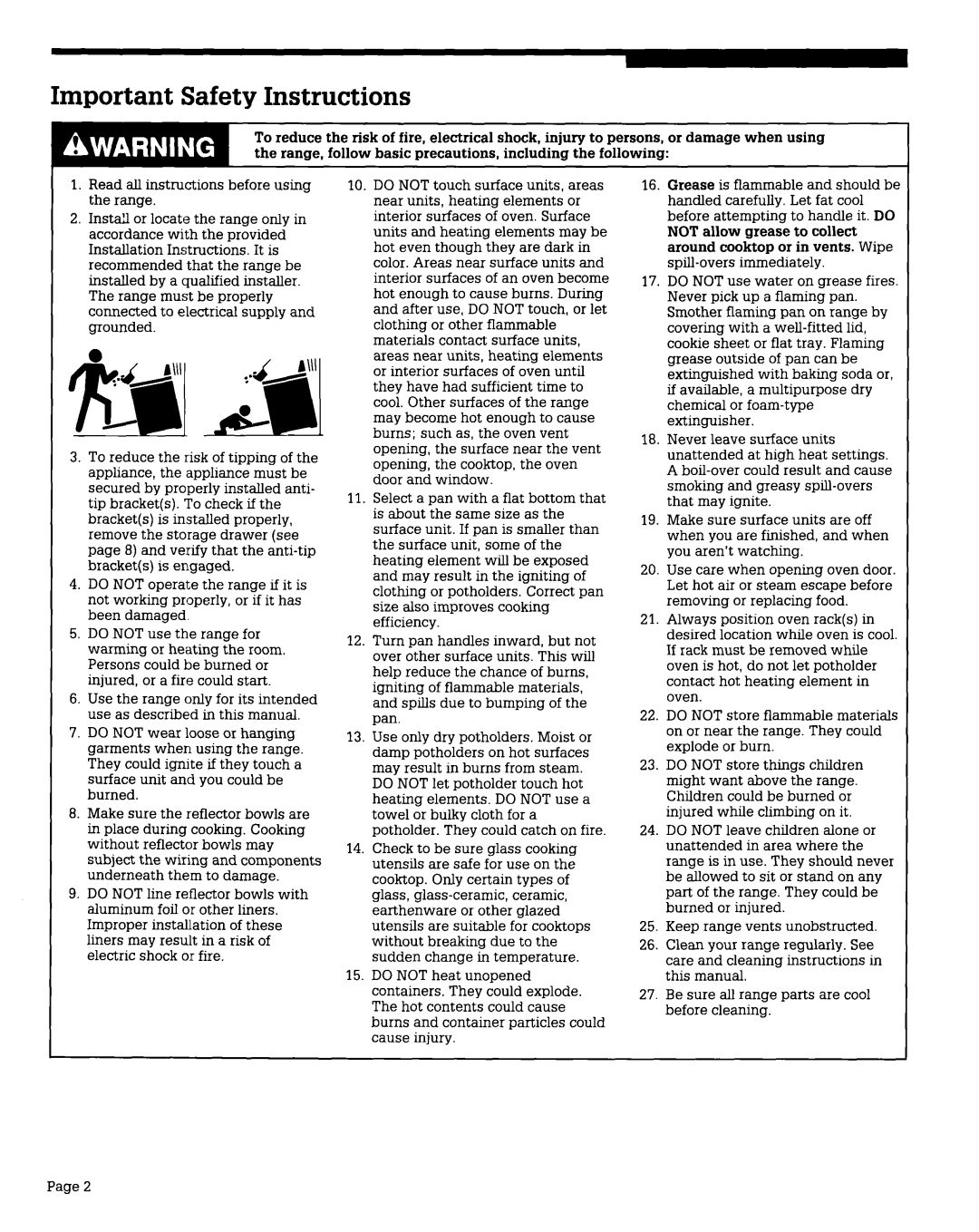 Whirlpool FEPZlOV, FEP350V, FEP310V, FEP340V, FEC350V, FEP330V, FEP320V, FEP335V warranty Important Safety Instructions 