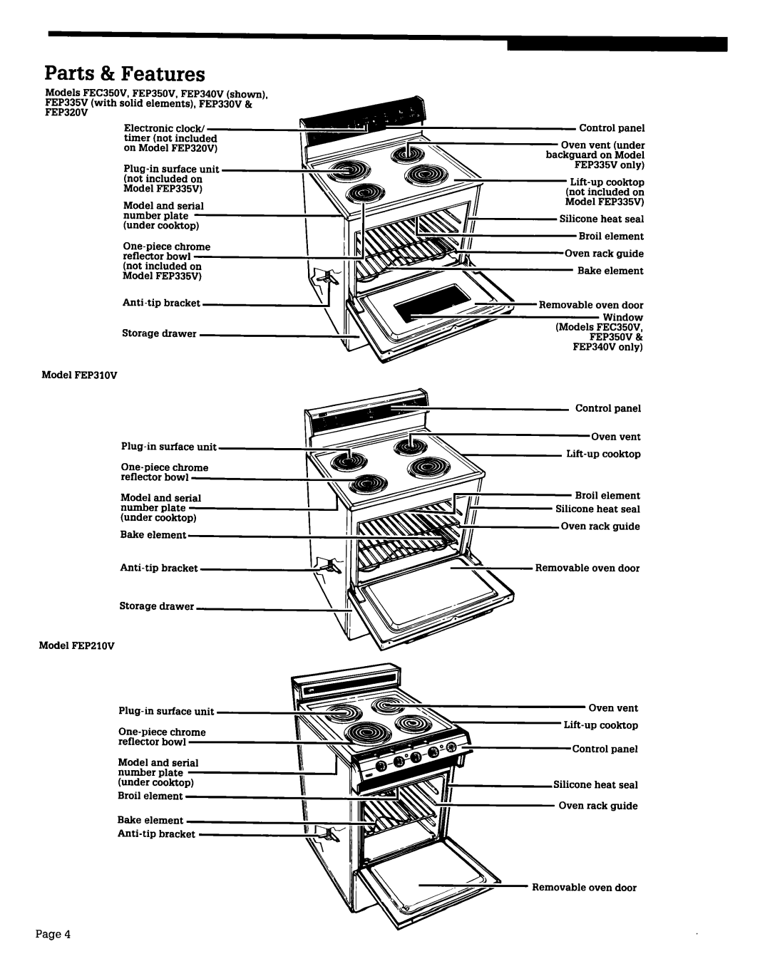 Whirlpool FEC350V, FEP350V, FEP310V Parts & Features, Plua-in surface unit, Model FEP335V, Bake element Anti-tip bracket 