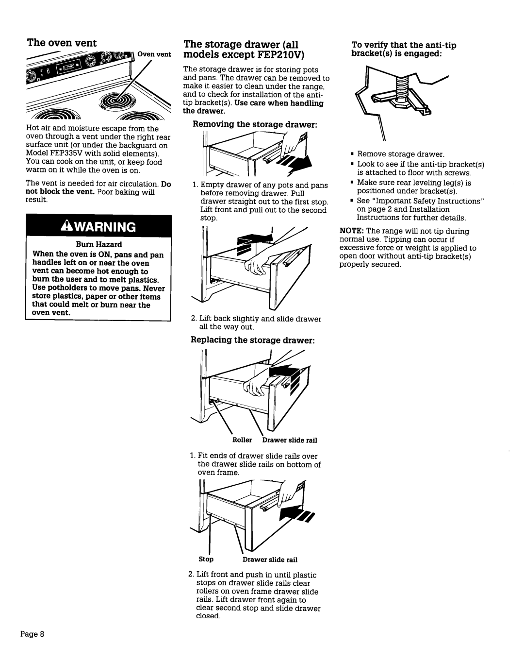 Whirlpool FEP350V, FEP310V, FEPZlOV warranty Oven vent Storage drawer all, Models except FEP210V, To verify That the anti-tip 