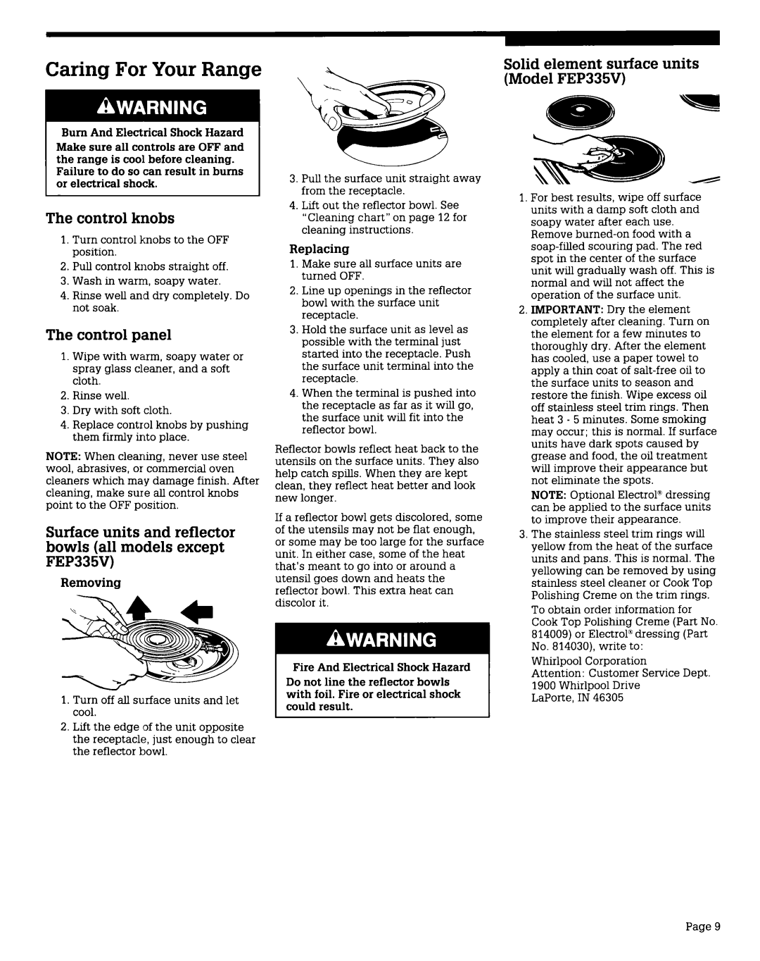 Whirlpool FEP310V, FEP350V Caring For Your Range, Control knobs, Control panel, Solid element surface units Model FEP335V 