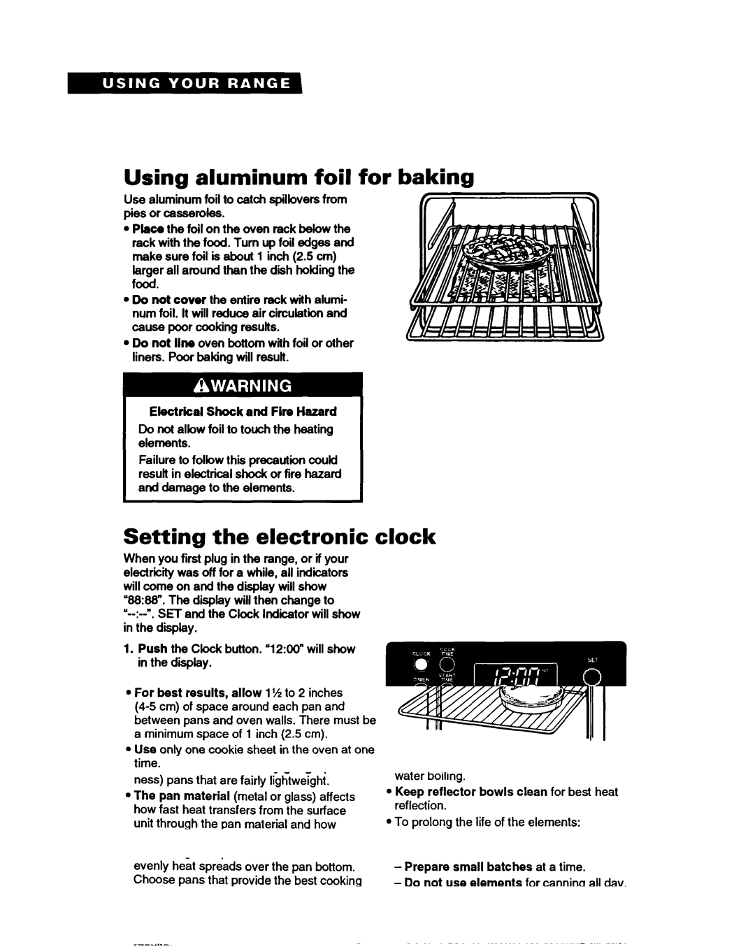 Whirlpool FEP350Y warranty Using aluminum foil for baking, Setting the electronic clock, Electrical Shock and Fire Hazard 