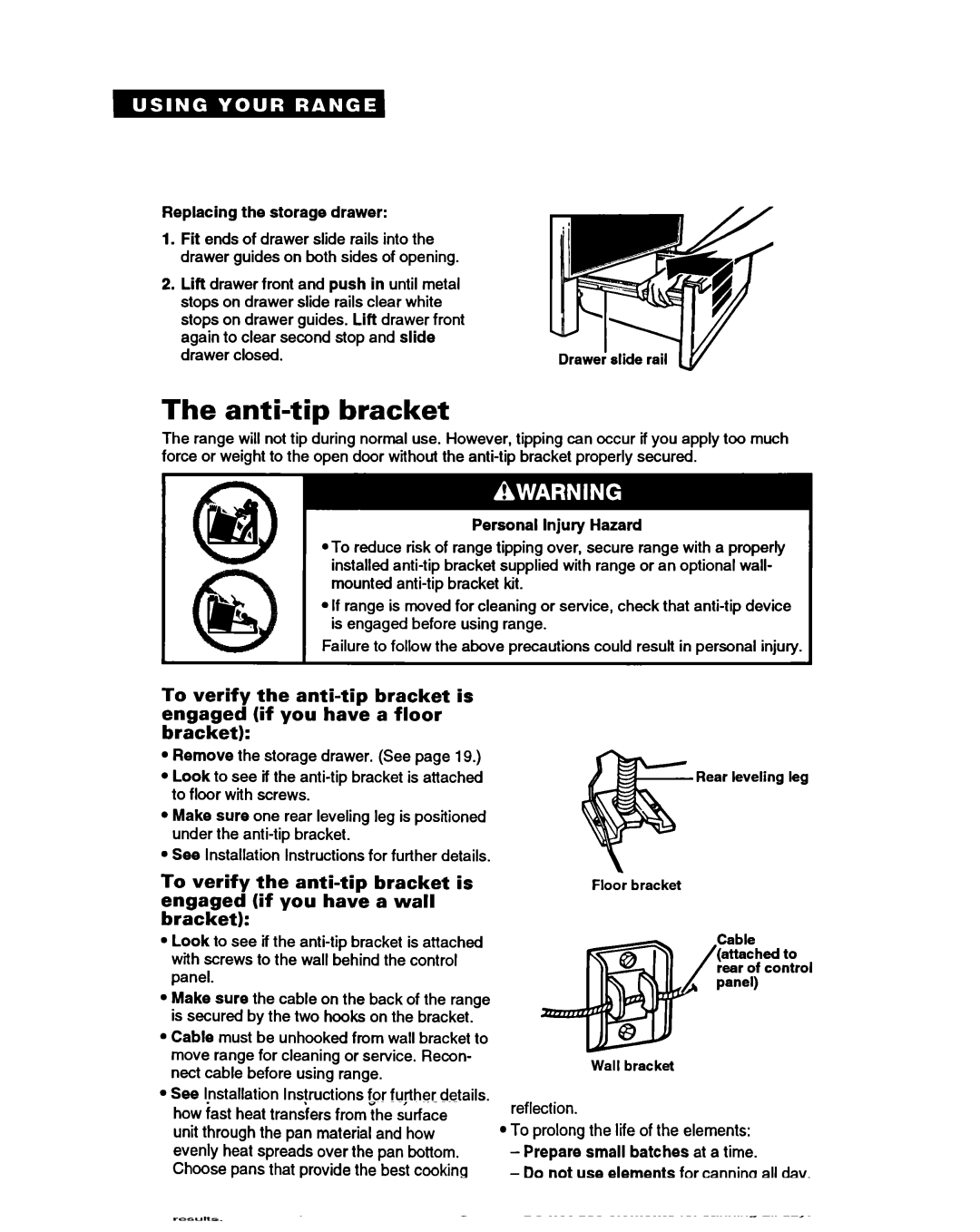 Whirlpool FEP350Y warranty Anti-tip bracket, Replacing the storage drawer 