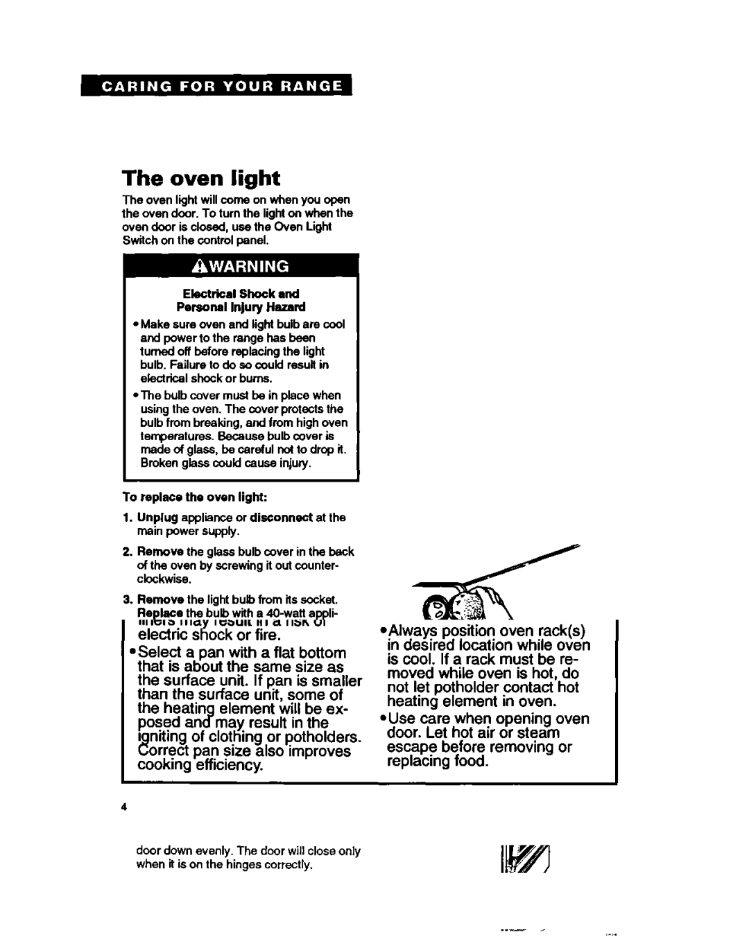 Whirlpool FEP350Y warranty Oven light, Electrical Shock Personal Injury Hazard, To replace the oven light 