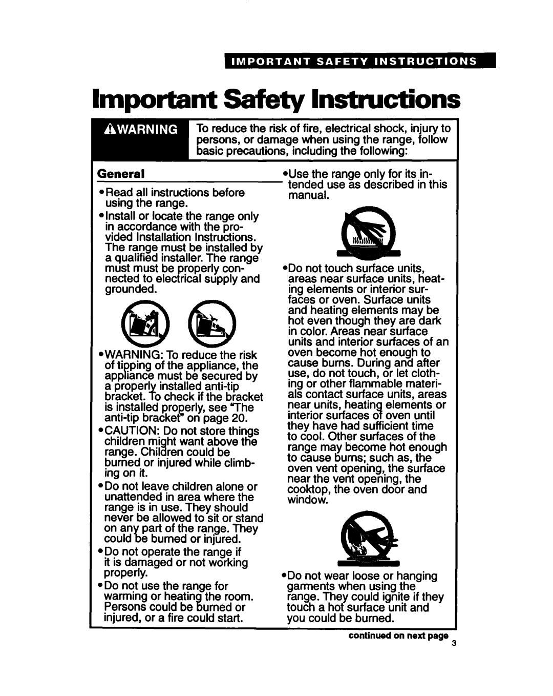 Whirlpool FEP350Y warranty Important Safety Instructions, On next 