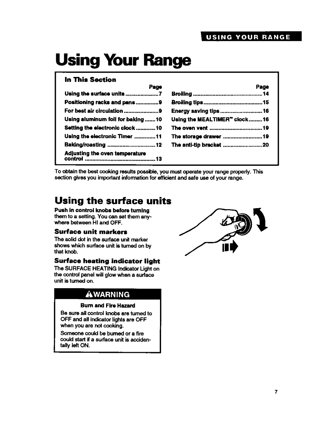 Whirlpool FEP350Y warranty Using the surface units, This, Surface unit markers, Surface heating indicator light, Mealtimer 